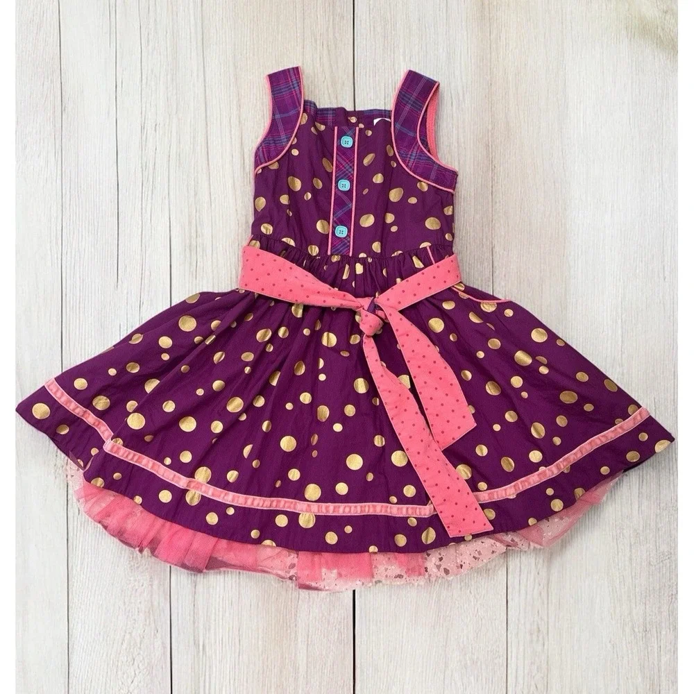 Matilda Jane Plum Gold Polka Dot Plaid Belted Dress With Tulle & Pockets Girls 6